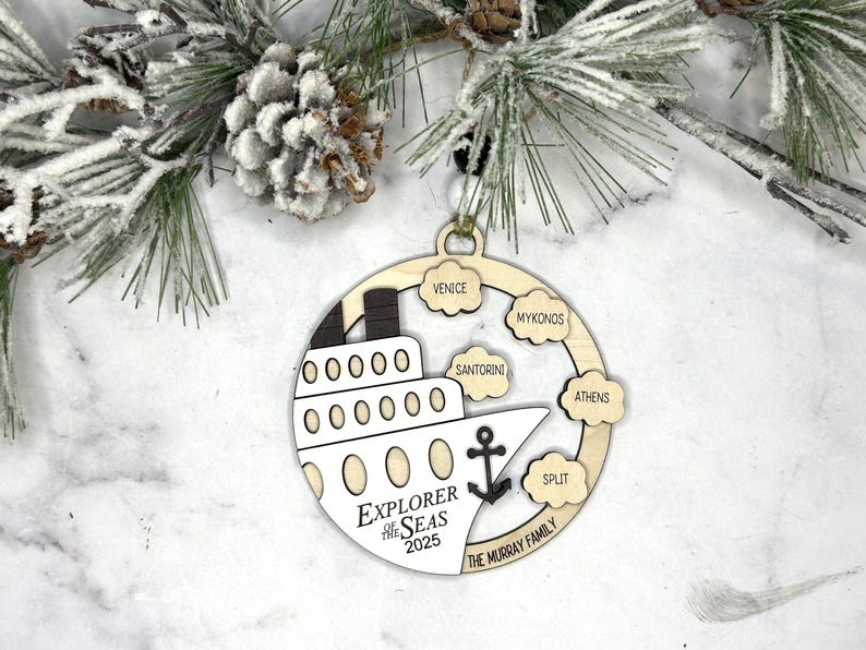 This beautifully crafted customized cruise ship ornament is the perfect way to commemorate your nautical adventures. Handmade with care, this charming ornament can be personalized with your family name, ship name, ports and cruise dates.