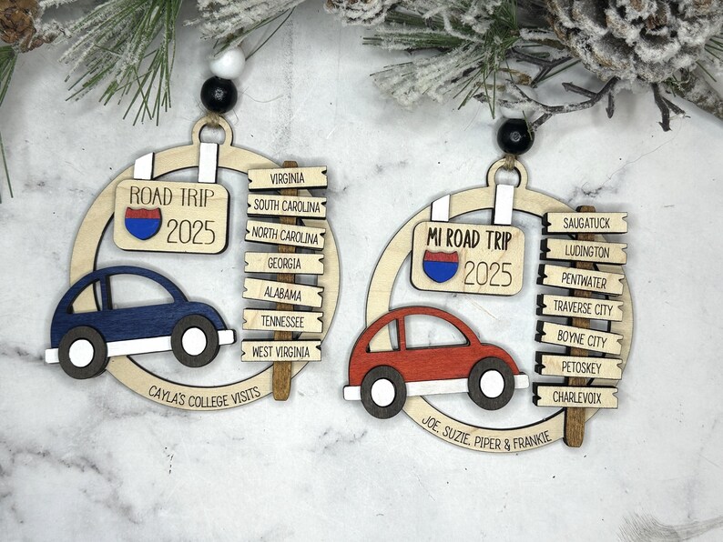 Add a touch of charm to your Christmas tree with our laser engraved wood road trip ornament. Handcrafted with love, this unique piece captures the essence of adventure. Perfect for travel enthusiasts and wanderlust souls! A wonderful gift for anyone who loves hitting the open road. We can add up to 7 locations on this ornament to customize this to your favorite adventure. Order yours today!