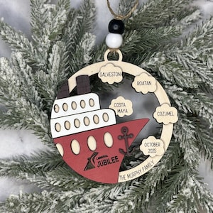 This beautifully crafted customized cruise ship ornament is the perfect way to commemorate your nautical adventures. Handmade with care, this charming ornament can be personalized with your family name, ship name, ports and cruise dates.