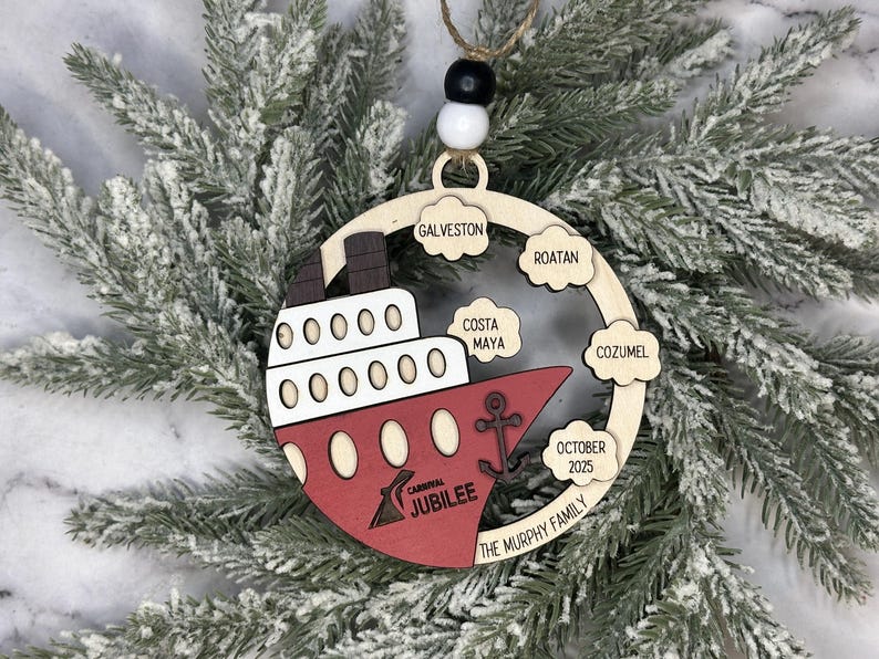 This beautifully crafted customized cruise ship ornament is the perfect way to commemorate your nautical adventures. Handmade with care, this charming ornament can be personalized with your family name, ship name, ports and cruise dates.