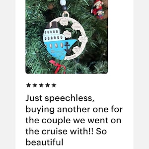 This beautifully crafted customized cruise ship ornament is the perfect way to commemorate your nautical adventures. Handmade with care, this charming ornament can be personalized with your family name, ship name, ports and cruise dates.