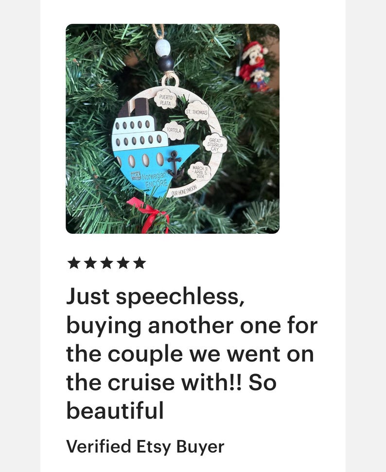 This beautifully crafted customized cruise ship ornament is the perfect way to commemorate your nautical adventures. Handmade with care, this charming ornament can be personalized with your family name, ship name, ports and cruise dates.