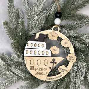 This beautifully crafted customized cruise ship ornament is the perfect way to commemorate your nautical adventures. Handmade with care, this charming ornament can be personalized with your family name, ship name, ports and cruise dates.