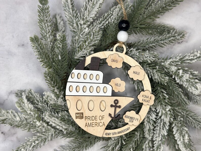 This beautifully crafted customized cruise ship ornament is the perfect way to commemorate your nautical adventures. Handmade with care, this charming ornament can be personalized with your family name, ship name, ports and cruise dates.