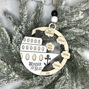 This beautifully crafted customized cruise ship ornament is the perfect way to commemorate your nautical adventures. Handmade with care, this charming ornament can be personalized with your family name, ship name, ports and cruise dates.