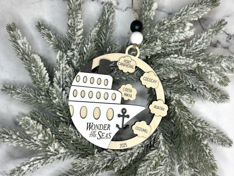 This beautifully crafted customized cruise ship ornament is the perfect way to commemorate your nautical adventures. Handmade with care, this charming ornament can be personalized with your family name, ship name, ports and cruise dates.