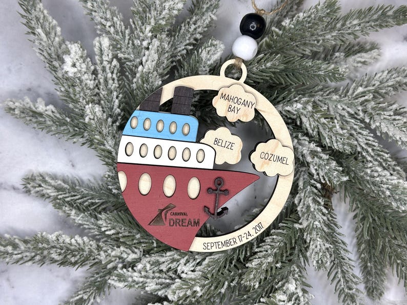 This beautifully crafted customized cruise ship ornament is the perfect way to commemorate your nautical adventures. Handmade with care, this charming ornament can be personalized with your family name, ship name, ports and cruise dates.