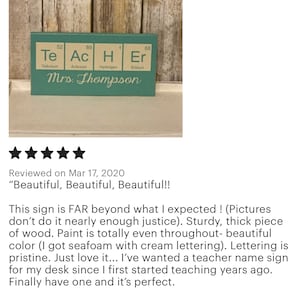 Teacher desk name plate for your best science teacher!  Chemistry teacher, Biology teacher or principal.  This custom wood sign measures approx. 5 1/4"x11" and states:

TeAcHEr
Teacher's Name