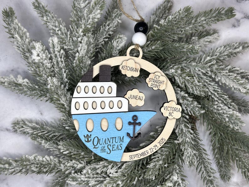 This beautifully crafted customized cruise ship ornament is the perfect way to commemorate your nautical adventures. Handmade with care, this charming ornament can be personalized with your family name, ship name, ports and cruise dates.