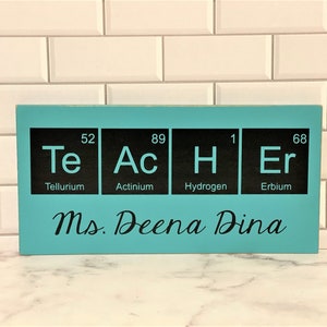 Teacher desk name plate for your best science teacher!  Chemistry teacher, Biology teacher or principal.  This custom wood sign measures approx. 5 1/4"x11" and states:

TeAcHEr
Teacher's Name