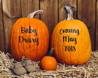 Pregnancy Reveal Pumpkin Decor Custom Vinyl Decal - Gender Reveal Baby Announcement - Coming Soon Baby Shower Decoration Due Date Decals