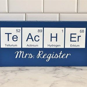Teacher desk name plate for your best science teacher!  Chemistry teacher, Biology teacher or principal.  This custom wood sign measures approx. 5 1/4"x11" and states:

TeAcHEr
Teacher's Name