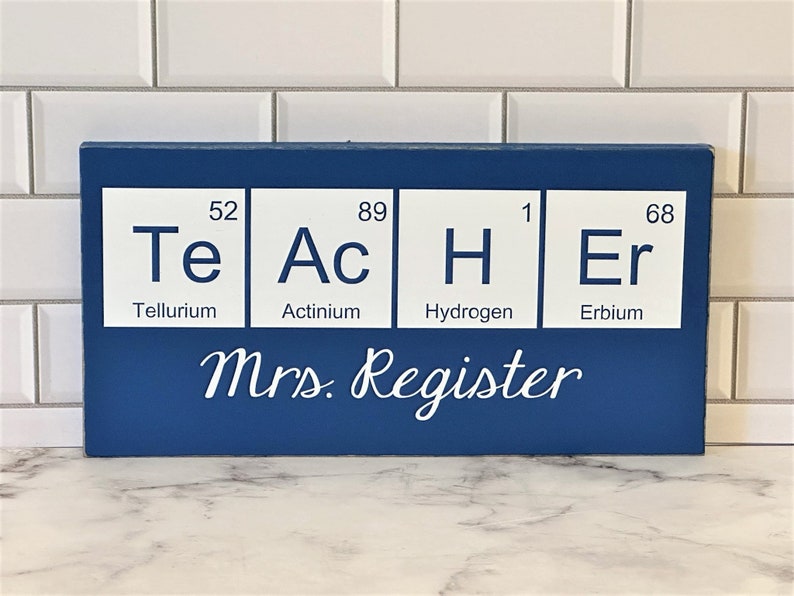 Teacher desk name plate for your best science teacher!  Chemistry teacher, Biology teacher or principal.  This custom wood sign measures approx. 5 1/4"x11" and states:

TeAcHEr
Teacher's Name