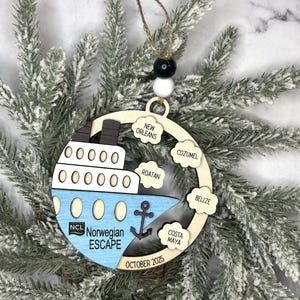 This beautifully crafted customized cruise ship ornament is the perfect way to commemorate your nautical adventures. Handmade with care, this charming ornament can be personalized with your family name, ship name, ports and cruise dates.