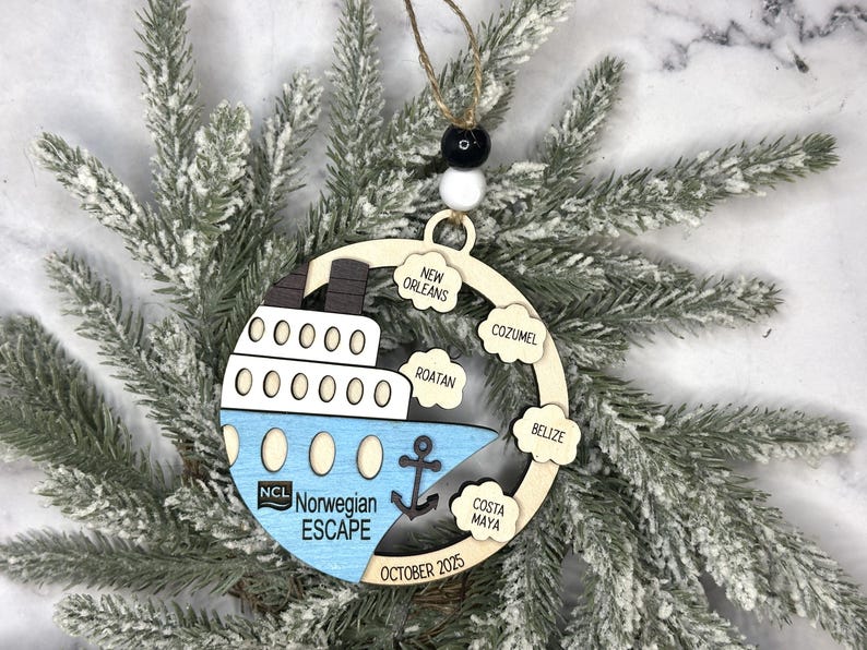 This beautifully crafted customized cruise ship ornament is the perfect way to commemorate your nautical adventures. Handmade with care, this charming ornament can be personalized with your family name, ship name, ports and cruise dates.