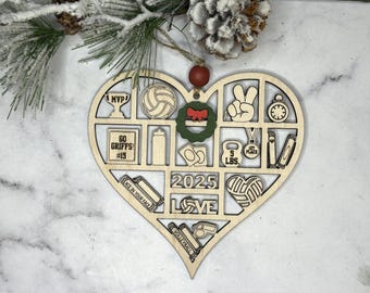 Personalized Volleyball Mom Heart Ornament: Laser Cut Wooden Volleyball Christmas Ornament, Custom Sports Mom Gift, Volleyball Team Gift