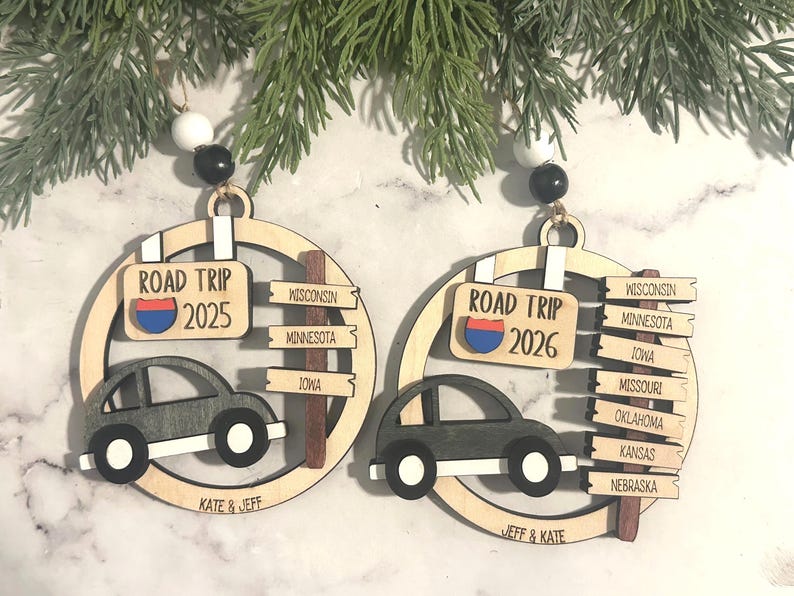 Add a touch of charm to your Christmas tree with our laser engraved wood road trip ornament. Handcrafted with love, this unique piece captures the essence of adventure. Perfect for travel enthusiasts and wanderlust souls! A wonderful gift for anyone who loves hitting the open road. We can add up to 7 locations on this ornament to customize this to your favorite adventure. Order yours today!