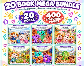 Op de afbeelding: Een digitaal productpakket genaamd Doodleverse 20 Book Mega Bundle met 400 kleurplaten. De afbeelding toont zes boekomslagen met illustraties van dieren, monsters en dinosaurussen, plus tekst die verwijst naar printbare pdf's en digitale download.