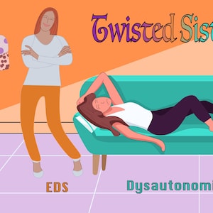 May include: Illustration of three women, two standing and one lying down on a sofa. The woman standing on the left is wearing a purple and white polka dot shirt and purple trousers. The woman standing on the right is wearing a white shirt and orange trousers. The woman lying down on the sofa is wearing a white shirt and black trousers. The text "Twisted Sisters" is at the top of the image. The text "MCAS", "EDS", and "Dysautonomia" are at the bottom of the image.