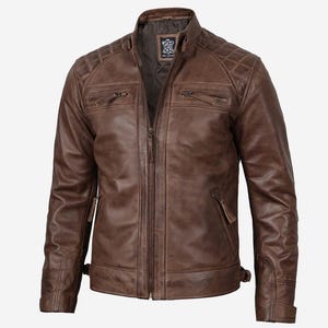 Blouson café racer marron chocolat pour homme - Épaules matelassées - Cadeau unique pour lui - Blouson en cuir véritable marron