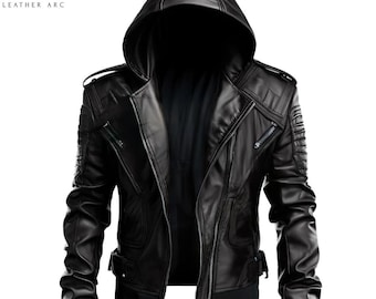 以下が含まれることがあります： フード付きの黒い革のジャケット。 ジャケットはジッパーフロント、複数のポケット、リブ編みの袖口を備えています。 肩にはキルティングデザインがあります。 ブランド名「LA LEATHER ARC」が左上にあります。