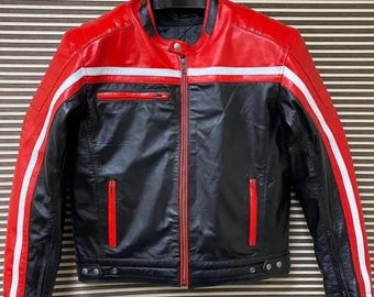 Chaqueta de cuero para moto roja y negra: Chaqueta de cuero de motociclista de carreras