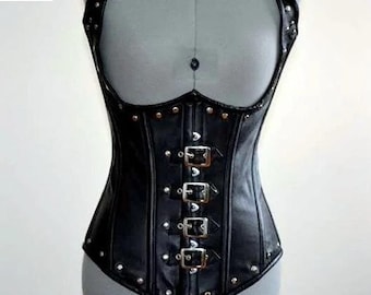 Real Leather Steampunk Corset Vest: Steel Boned, Metal Decor