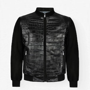 Genuine Cowhide Crocodile Embossed Leather Bomber Jacket with Suede Sleeves - Handcrafted Exotic Texture Outerwear