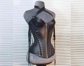 Black Genuine Leather Overbust Corset: Steel Boned Hourglass Silhouette