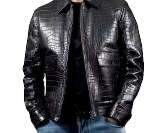 Men's Real Leather Crocodile Embossed Biker Jacket