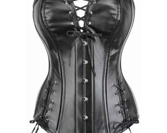 Black Heavy Duty Double Steel Boned Over Bust Waist Trainer Genuine Leather Corset