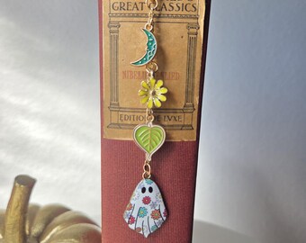 Handmade Beaded Charmed Gold Metal Hook Bookmark "Flower Ghost"