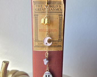 Handmade Beaded Charmed Gold Metal Hook Bookmark "Reading Ghost"