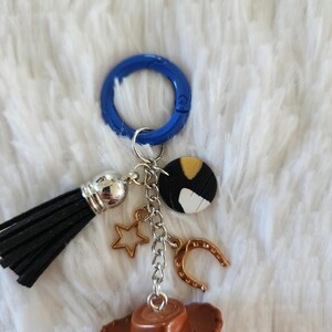 May include: A brown cowboy hat charm with a gold horseshoe, a gold star, and a black tassel attached to a silver chain. The charm is attached to a blue plastic ring.