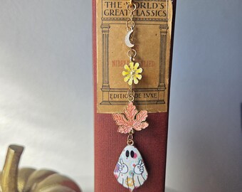 Handmade Beaded Charmed Gold Metal Hook Bookmark "Peace Out Ghost"
