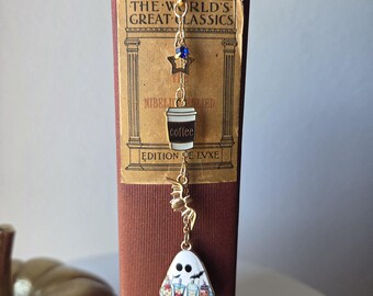 Handmade Beaded Charmed Gold Metal Hook Bookmark "Thirsty Ghost"
