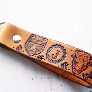 Leather Keychain Where the Wild Things Are Bear, Bison, Wolf and Deer Custom Initials Woodland Mountain Finger Loop Rustic Key Fob image 1