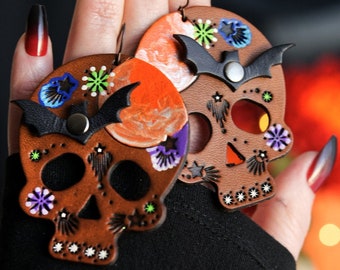 Halloween Skull Leather Earrings - Bats and Full Moon - Spooky - Made to Order