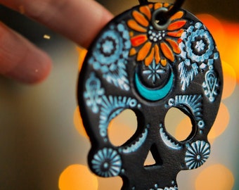 Spiderweb and Sunflower Sugar Skull Keychain - handmade and hand painted leather