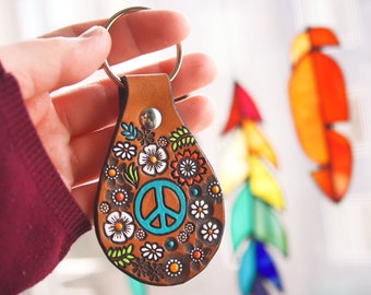 Peace Sign Floral Leather key ring - hand painted and hand stamped - Made to Order - key fob - keychain gift