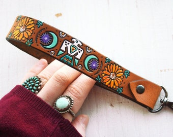 Custom Leather Camera Wrist Strap or Keychain - Thunderbird, Moons, Sunflowers and Daisies - Southwestern Painted Custom Loop strap