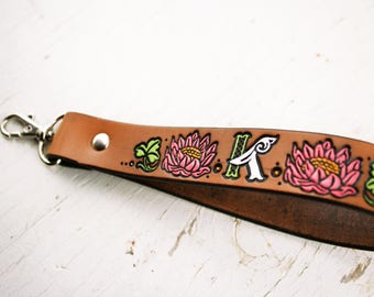 Custom Leather Camera Wrist Strap - Lotus Blossom - No Mud No Lotus quote - Vibrant Custom Loop strap - clip - hand tooled leather