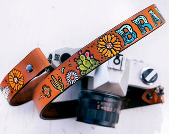 Custom Leather Camera Strap - Desert Flower - Cacti Zia Skulls Sunflowers Sun Moon - Personalized - Cactus Straps Made to Order Mesa Dreams