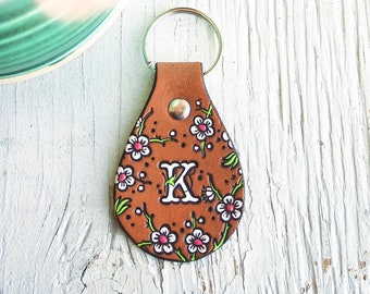 Custom initial leather key fob - Cherry Blossom keychain - hand painted Sakura tag - Spring flowers made to order by Mesa Dreams