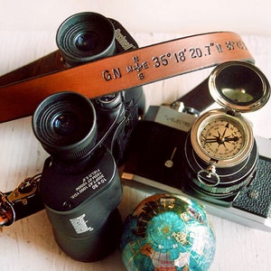 Binoculars Strap - Custom Leather GPS Latitude and Longitude Coordinates, Compass Rose, Initials - Father's Day Camera Strap