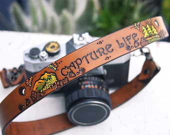 Leather Camera Strap - Autumn Woodland - Personalized - Hand painted - Made to Order Mesa Dreams -Fall Mountains, pine trees, hiking, acorns