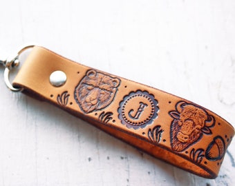 Leather Keychain - Where the Wild Things Are - Bear, Bison, Wolf and Deer - Custom Initials - Woodland Mountain Finger Loop - Rustic Key Fob