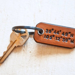 Custom Longitude and Latitude leather tag key fob - GPS Secret Places - Tiny Keychain - Mesa Dreams - Third Anniversary Gift - Commemorate