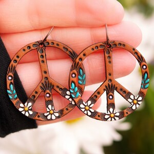 SMALLER Daisy Peace Sign Leather Earrings Hippie Flower Power dangles Hippy colorful and handpainted Made to Order by Mesa Dreams Smaller ~ 1.5"