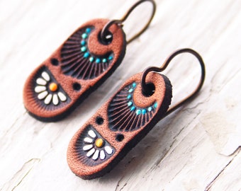 Petite Leather Earrings - Daisy and turquoise - hand painted super MINI earrings - Mesa Dreams - Made to Order